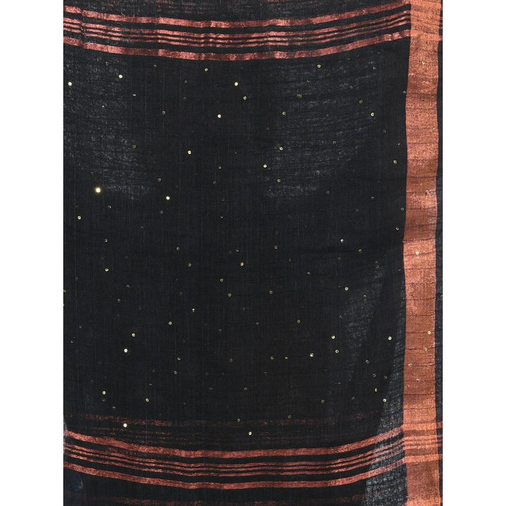 CHARUKRITI Black Linen Saree with Sequined Work in Stripes Pallu with Unstitched Blouse