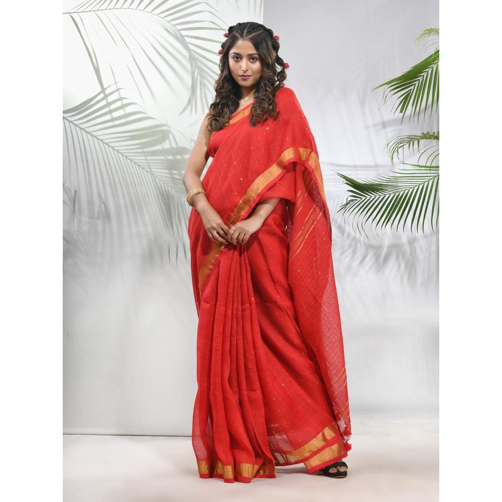 CHARUKRITI Red Linen Saree with Sequined Work in Stripes Pallu with Unstitched Blouse