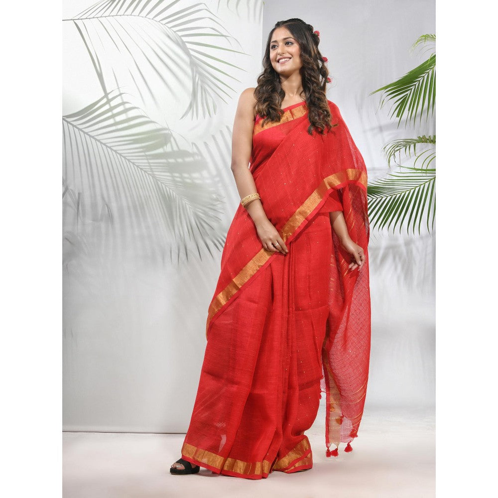 CHARUKRITI Red Linen Saree with Sequined Work in Stripes Pallu with Unstitched Blouse