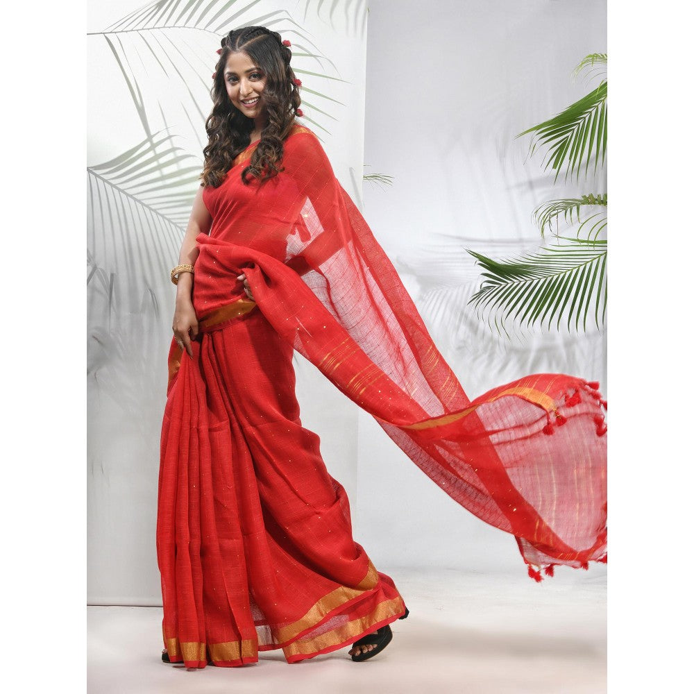 CHARUKRITI Red Linen Saree with Sequined Work in Stripes Pallu with Unstitched Blouse