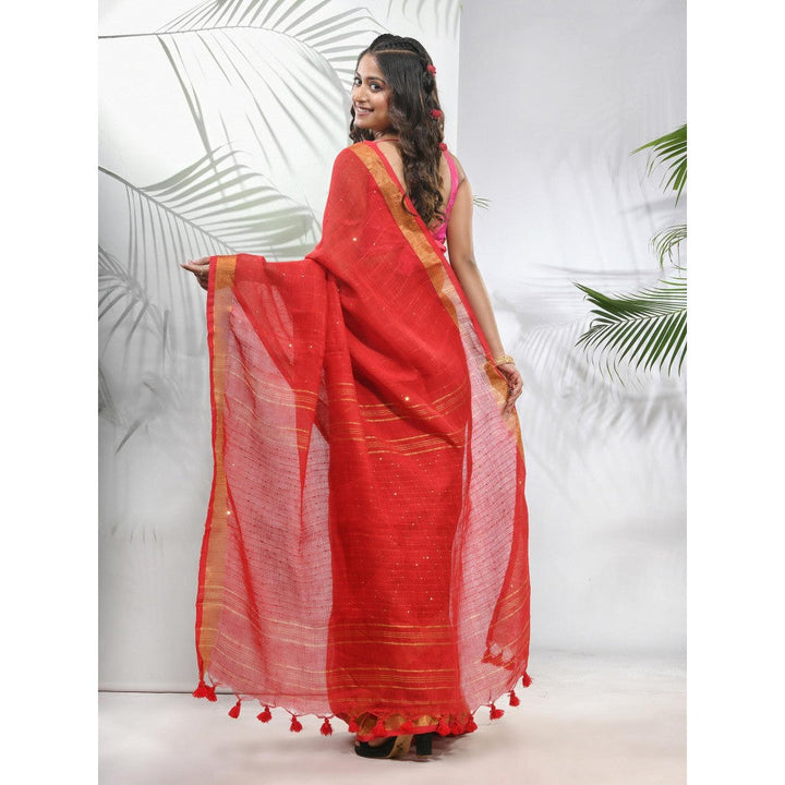 CHARUKRITI Red Linen Saree with Sequined Work in Stripes Pallu with Unstitched Blouse