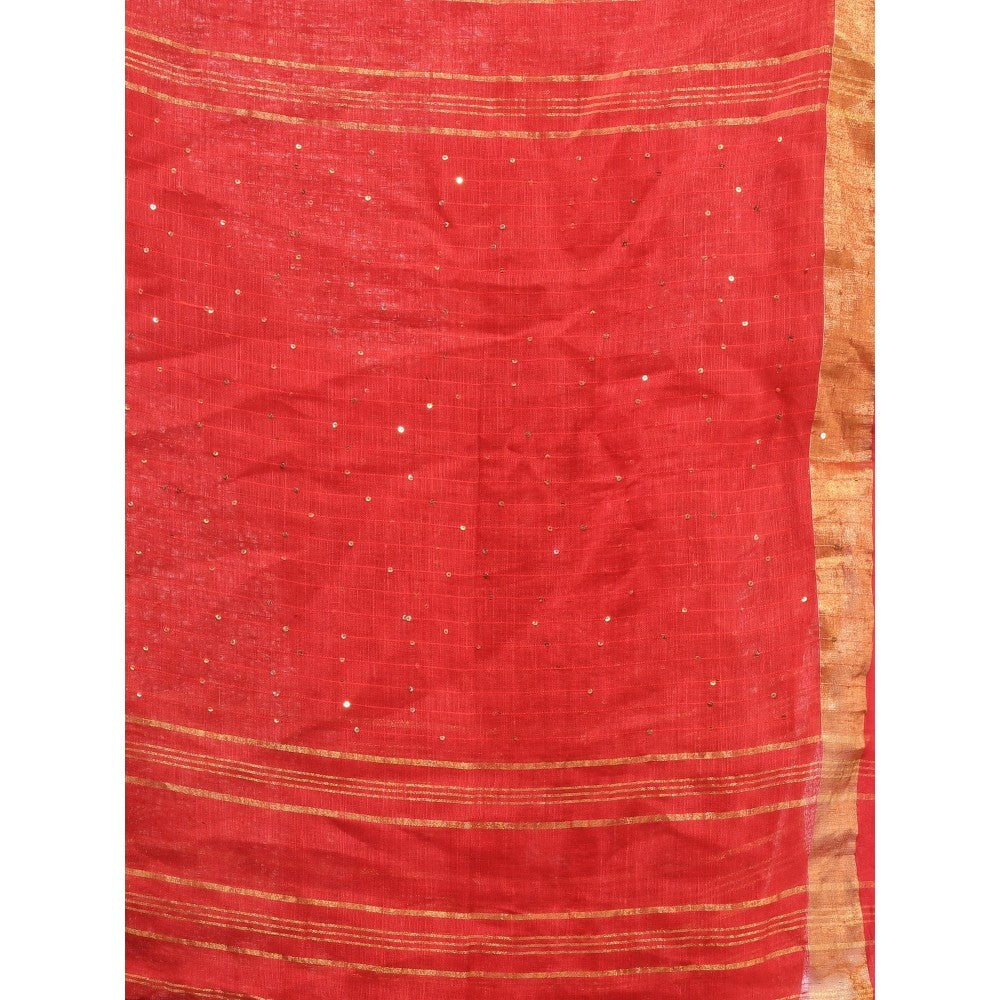 CHARUKRITI Red Linen Saree with Sequined Work in Stripes Pallu with Unstitched Blouse