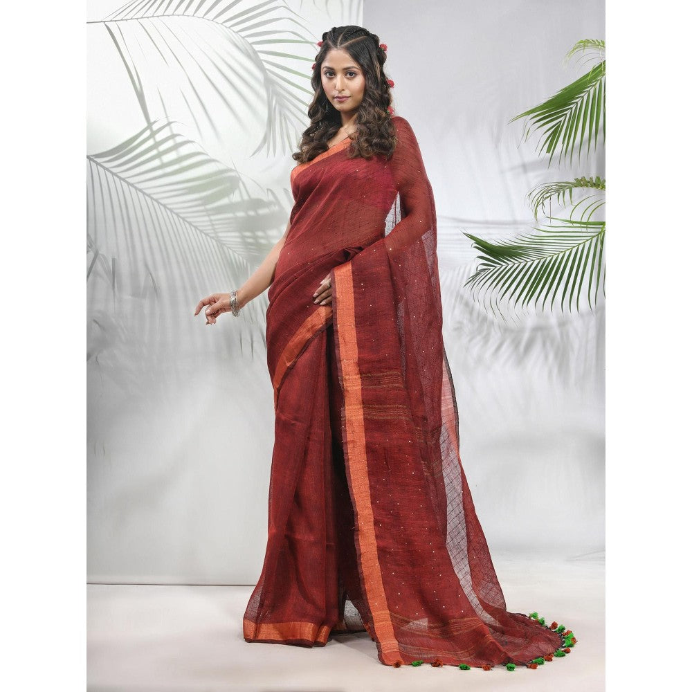 CHARUKRITI Maroon Linen Saree with Sequined Work in Stripes Pallu with Unstitched Blouse