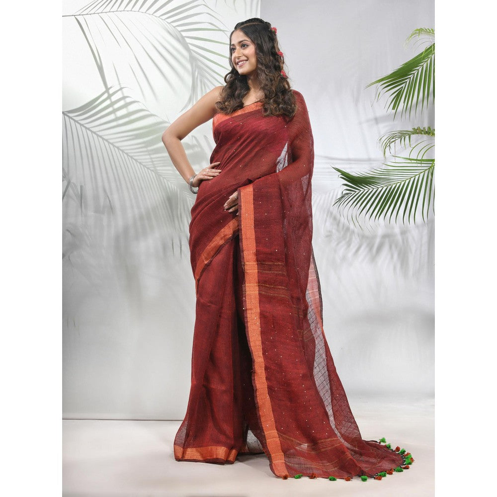 CHARUKRITI Maroon Linen Saree with Sequined Work in Stripes Pallu with Unstitched Blouse