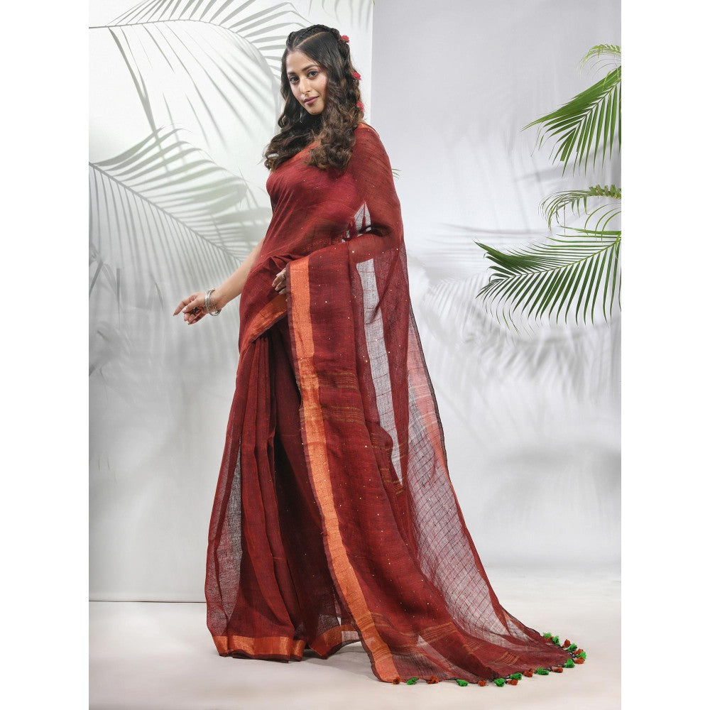 CHARUKRITI Maroon Linen Saree with Sequined Work in Stripes Pallu with Unstitched Blouse