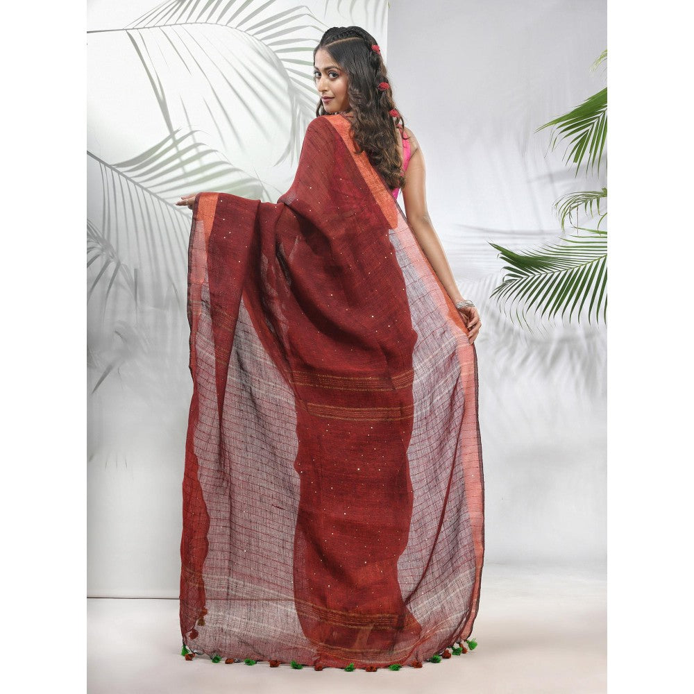 CHARUKRITI Maroon Linen Saree with Sequined Work in Stripes Pallu with Unstitched Blouse