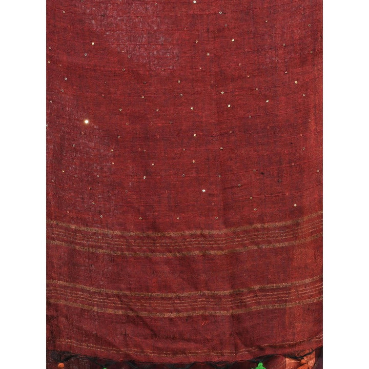 CHARUKRITI Maroon Linen Saree with Sequined Work in Stripes Pallu with Unstitched Blouse