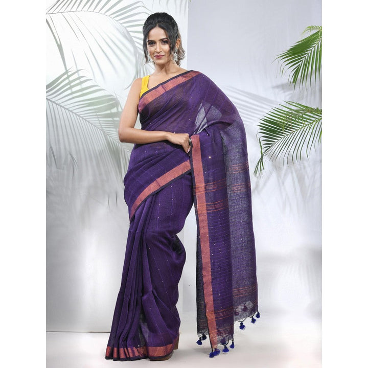 CHARUKRITI Lilac Linen Saree with Sequined Work in Stripes Pallu with Unstitched Blouse