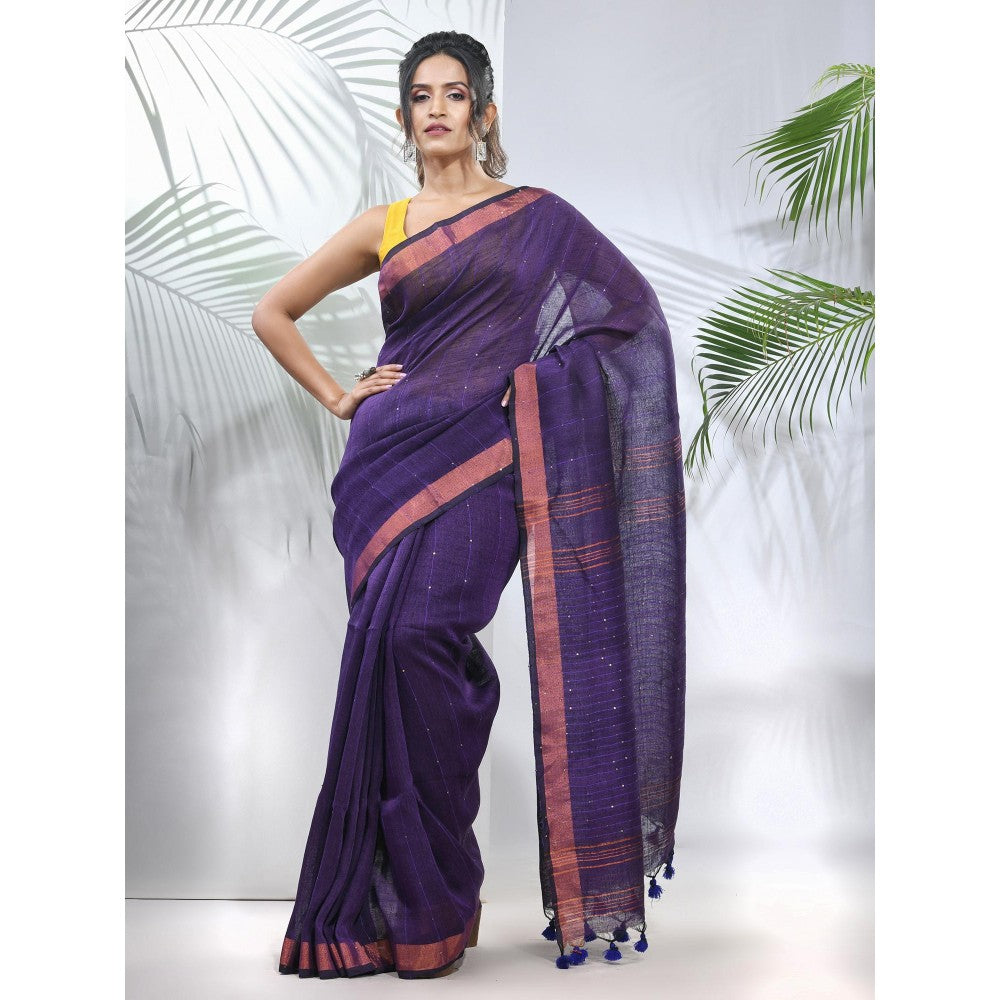 CHARUKRITI Lilac Linen Saree with Sequined Work in Stripes Pallu with Unstitched Blouse