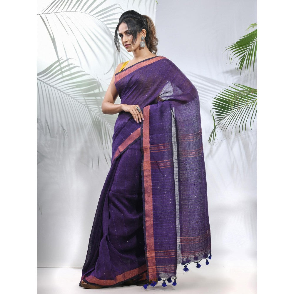 CHARUKRITI Lilac Linen Saree with Sequined Work in Stripes Pallu with Unstitched Blouse