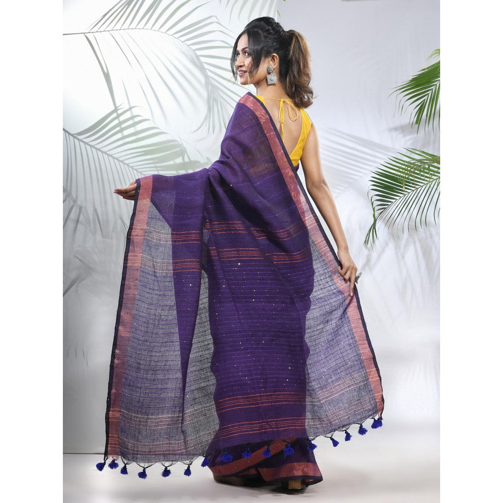 CHARUKRITI Lilac Linen Saree with Sequined Work in Stripes Pallu with Unstitched Blouse