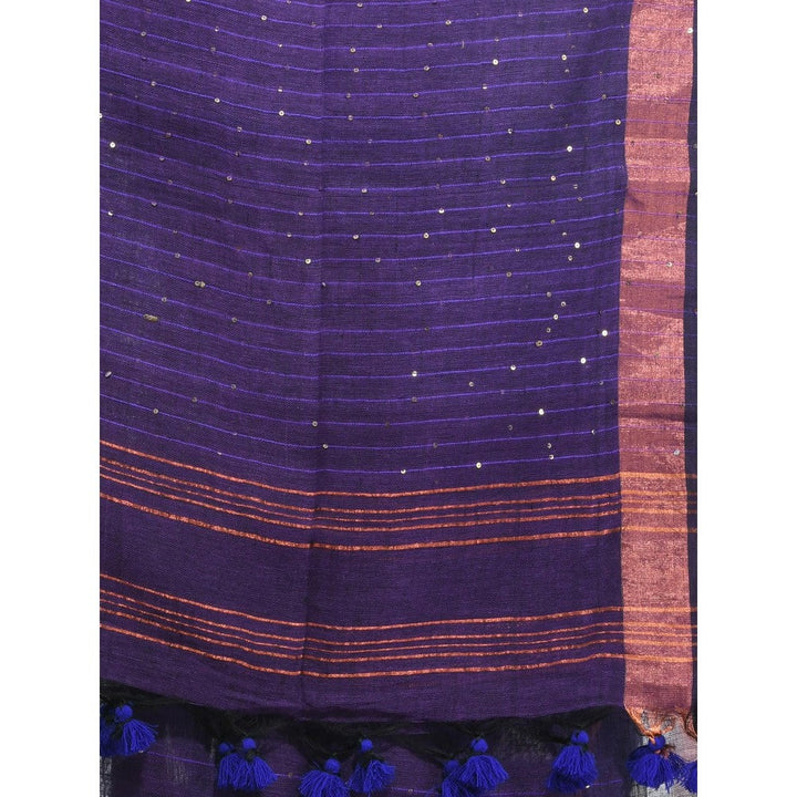 CHARUKRITI Lilac Linen Saree with Sequined Work in Stripes Pallu with Unstitched Blouse