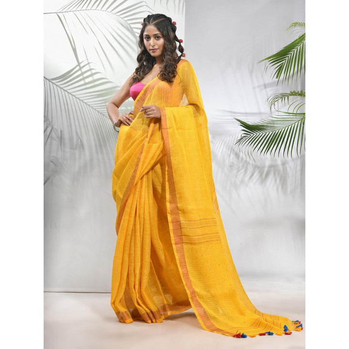 CHARUKRITI Yellow Linen Saree with Sequined Work in Stripes Pallu with Unstitched Blouse