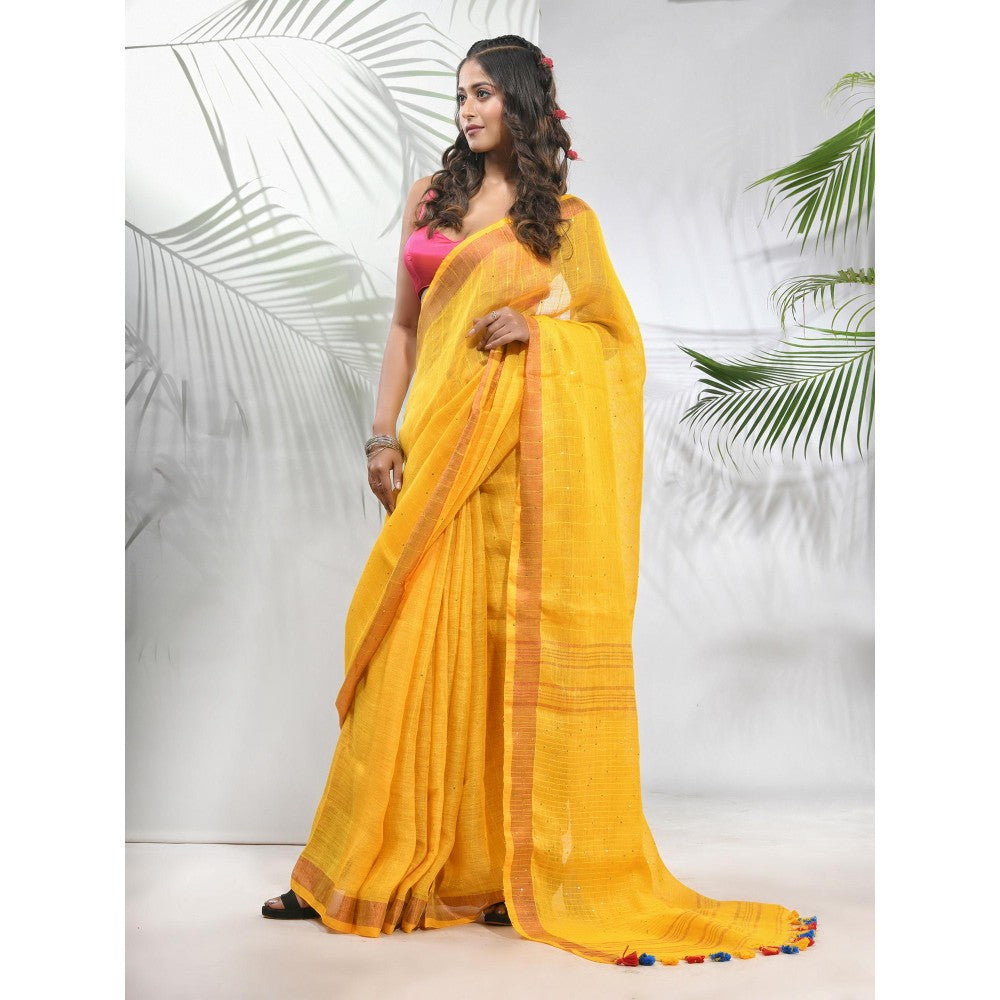 CHARUKRITI Yellow Linen Saree with Sequined Work in Stripes Pallu with Unstitched Blouse