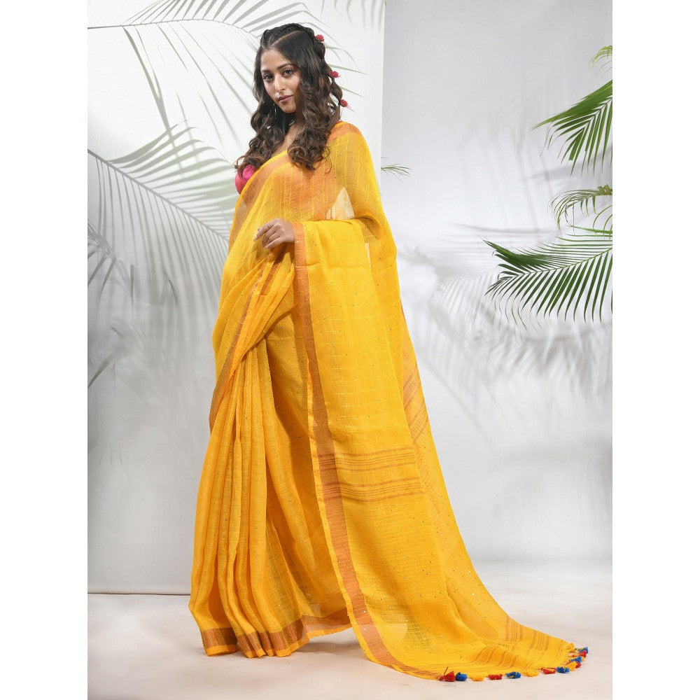 CHARUKRITI Yellow Linen Saree with Sequined Work in Stripes Pallu with Unstitched Blouse