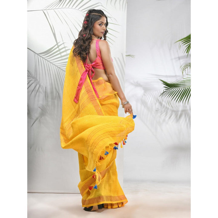 CHARUKRITI Yellow Linen Saree with Sequined Work in Stripes Pallu with Unstitched Blouse