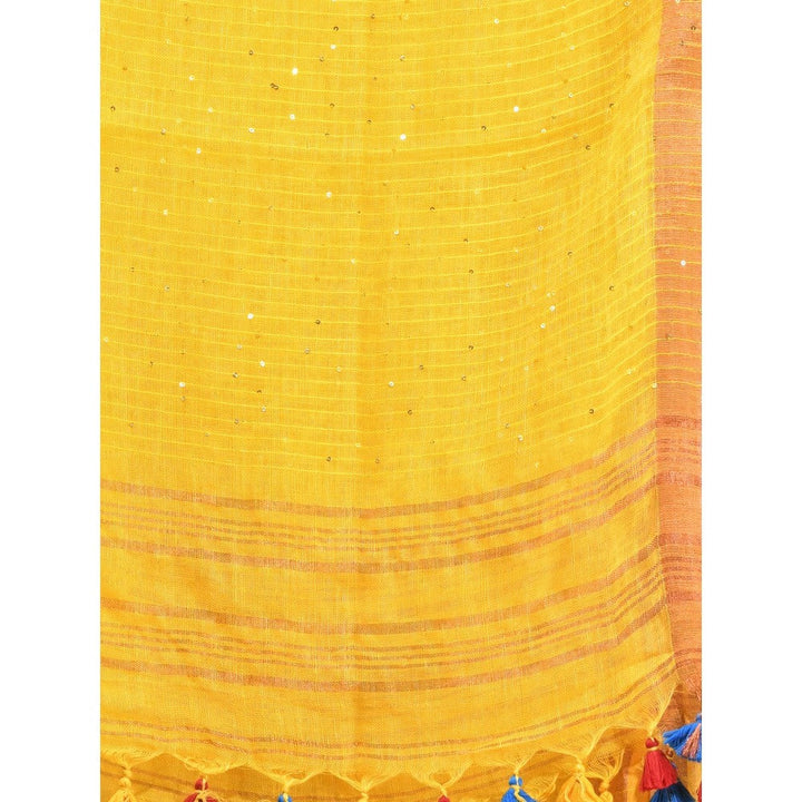 CHARUKRITI Yellow Linen Saree with Sequined Work in Stripes Pallu with Unstitched Blouse