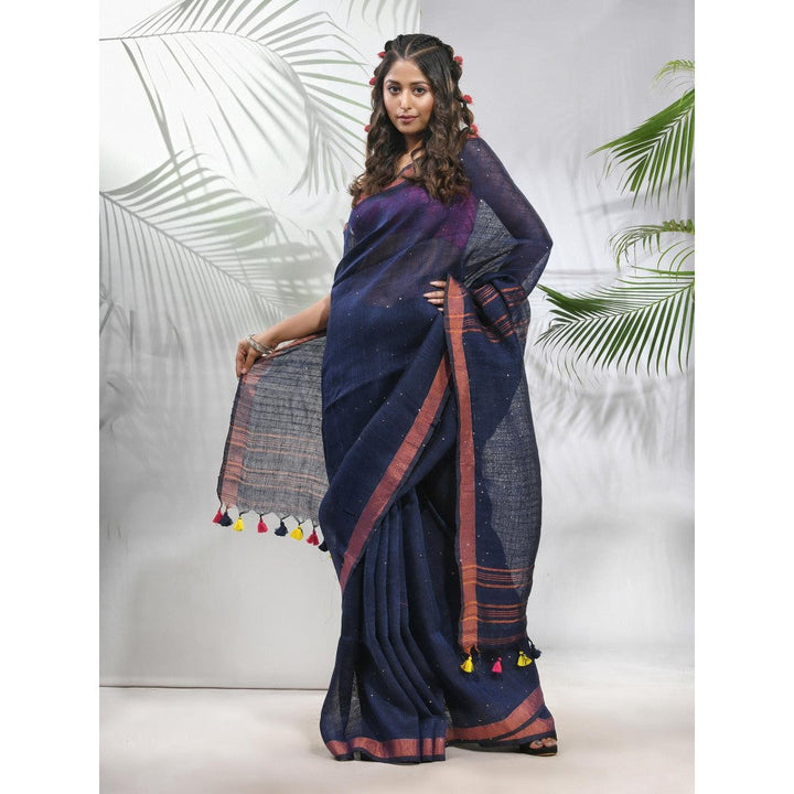 CHARUKRITI Midnight Blue Linen Saree with Sequined Work in Stripes Pallu with Unstitched Blouse