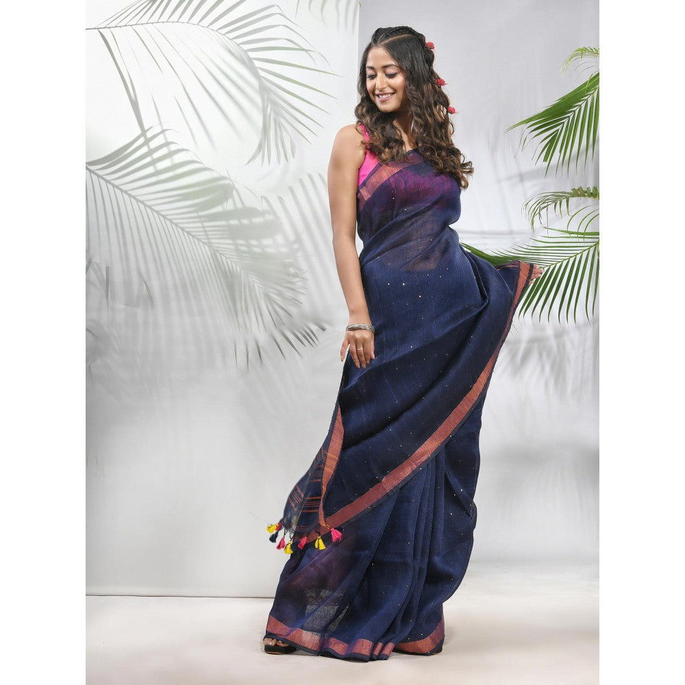 CHARUKRITI Midnight Blue Linen Saree with Sequined Work in Stripes Pallu with Unstitched Blouse