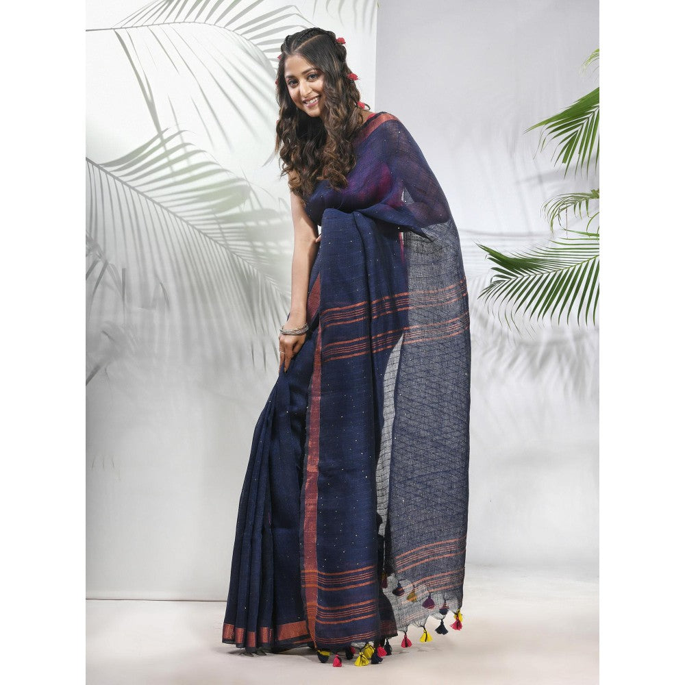 CHARUKRITI Midnight Blue Linen Saree with Sequined Work in Stripes Pallu with Unstitched Blouse