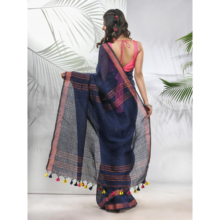 CHARUKRITI Midnight Blue Linen Saree with Sequined Work in Stripes Pallu with Unstitched Blouse