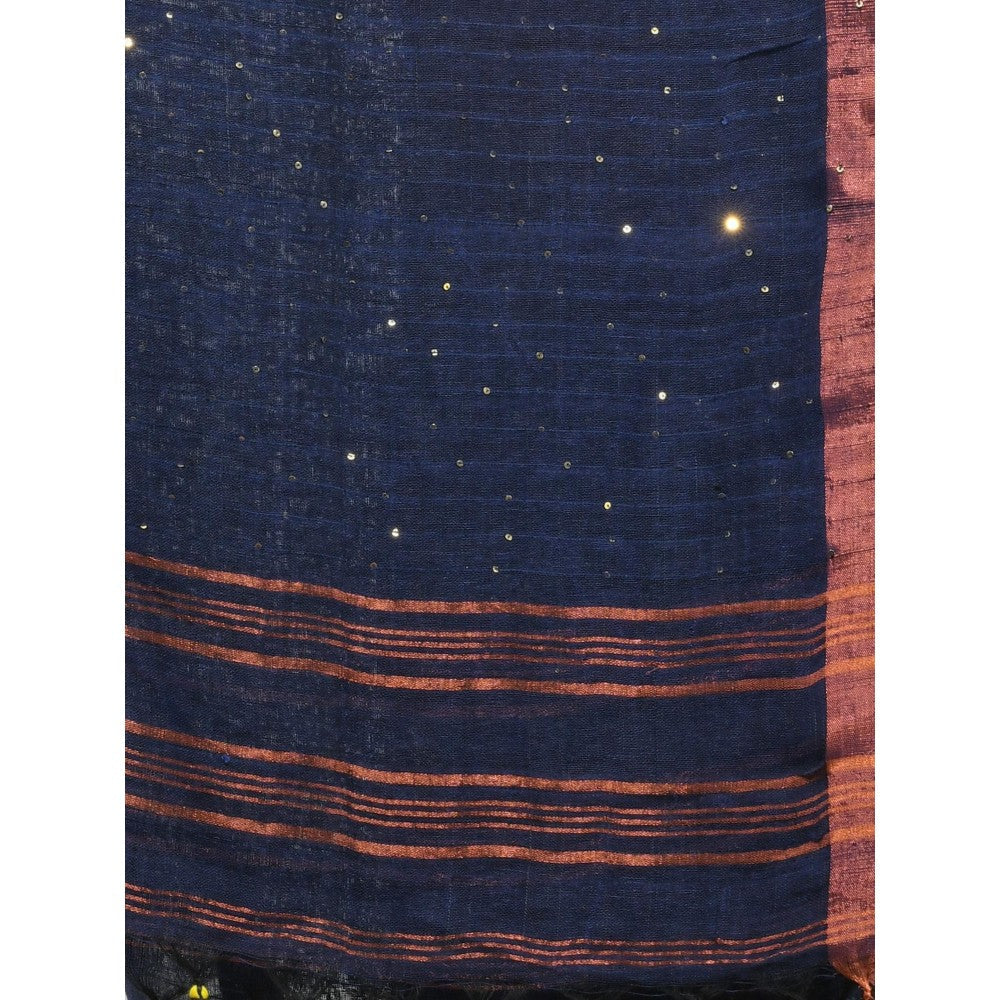 CHARUKRITI Midnight Blue Linen Saree with Sequined Work in Stripes Pallu with Unstitched Blouse