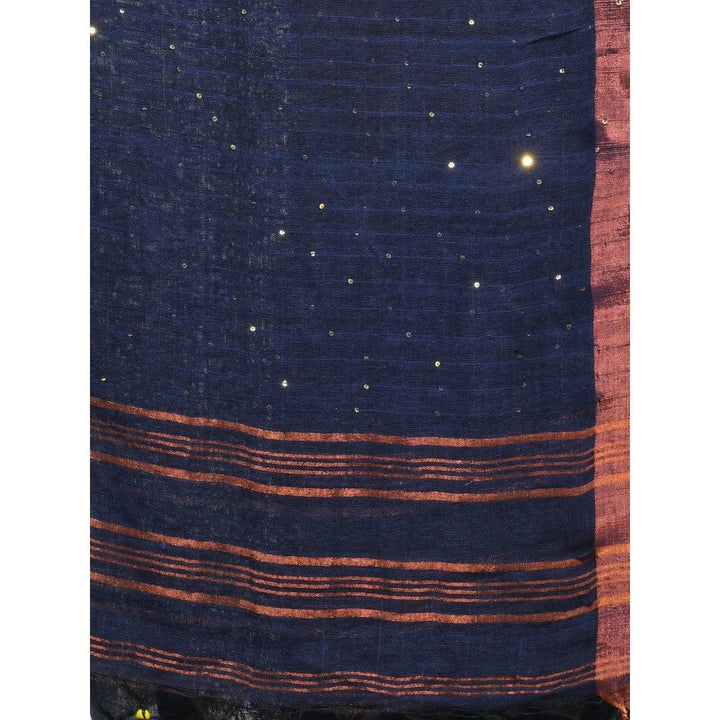 CHARUKRITI Midnight Blue Linen Saree with Sequined Work in Stripes Pallu with Unstitched Blouse