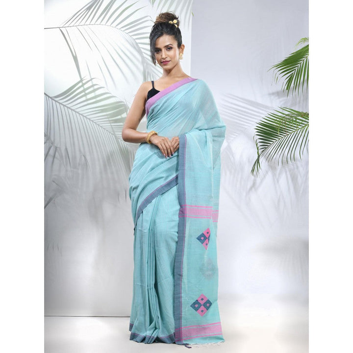 CHARUKRITI Sea Green Cotton Saree with Stripes Pattern with Unstitched Blouse