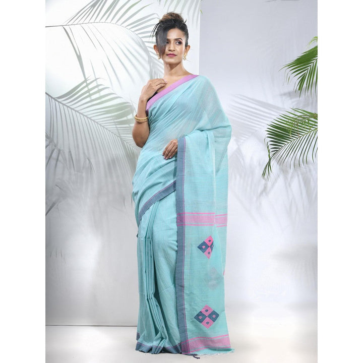 CHARUKRITI Sea Green Cotton Saree with Stripes Pattern with Unstitched Blouse