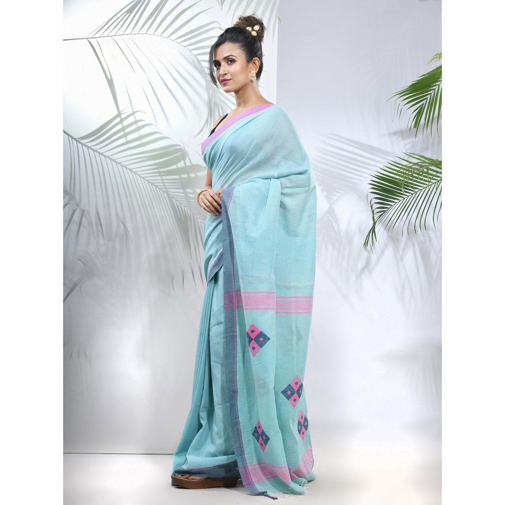 CHARUKRITI Sea Green Cotton Saree with Stripes Pattern with Unstitched Blouse