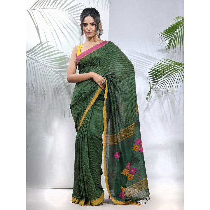 CHARUKRITI Green Cotton Saree with Stripes Pattern with Unstitched Blouse