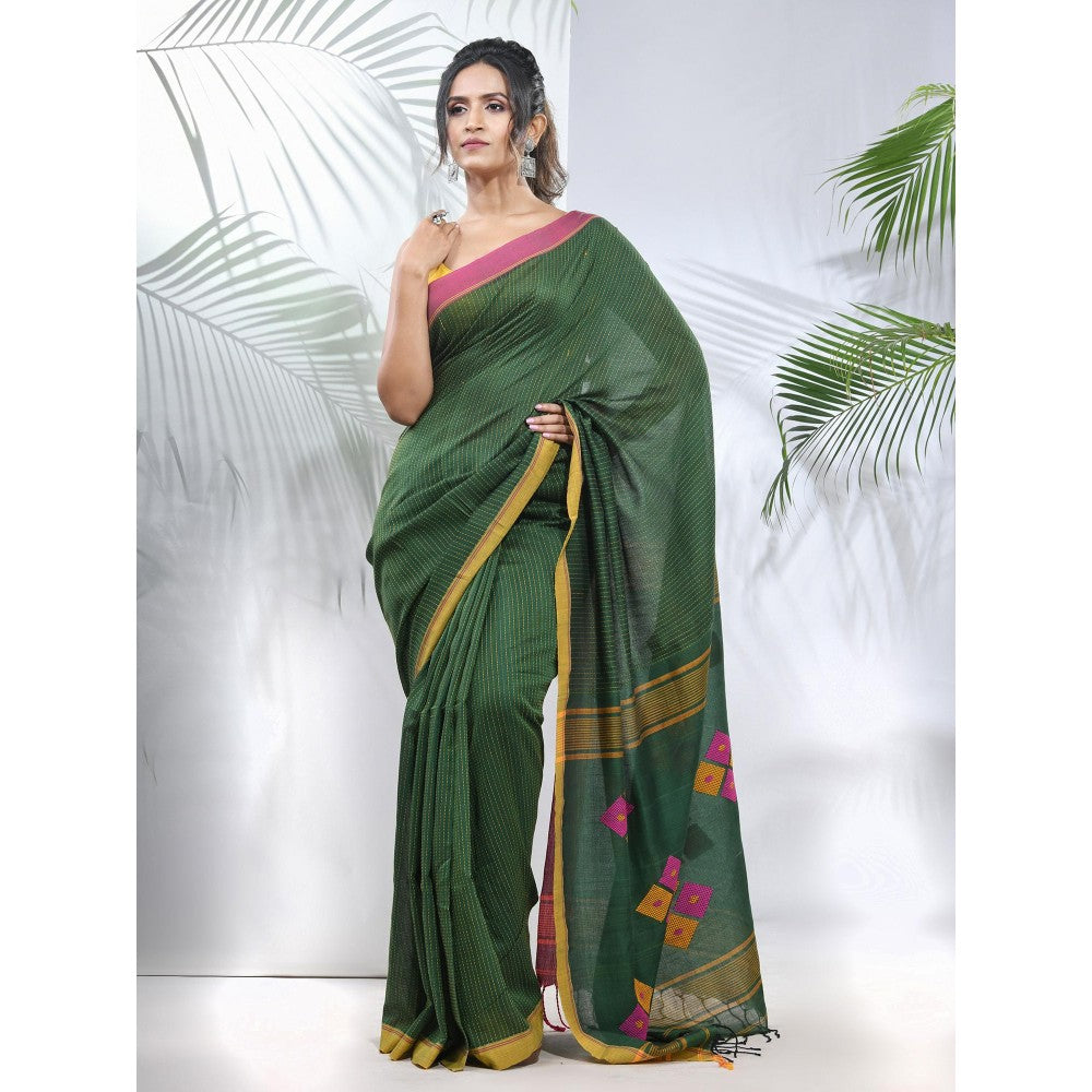 CHARUKRITI Green Cotton Saree with Stripes Pattern with Unstitched Blouse