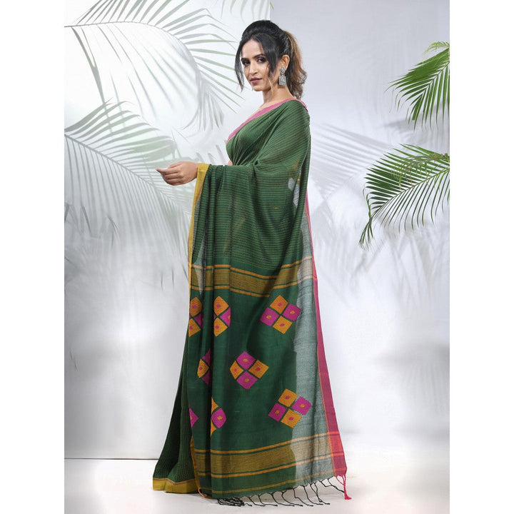 CHARUKRITI Green Cotton Saree with Stripes Pattern with Unstitched Blouse