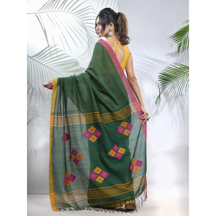 CHARUKRITI Green Cotton Saree with Stripes Pattern with Unstitched Blouse