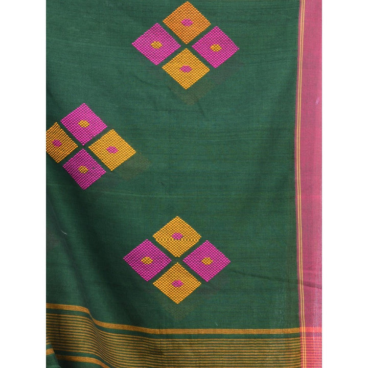 CHARUKRITI Green Cotton Saree with Stripes Pattern with Unstitched Blouse