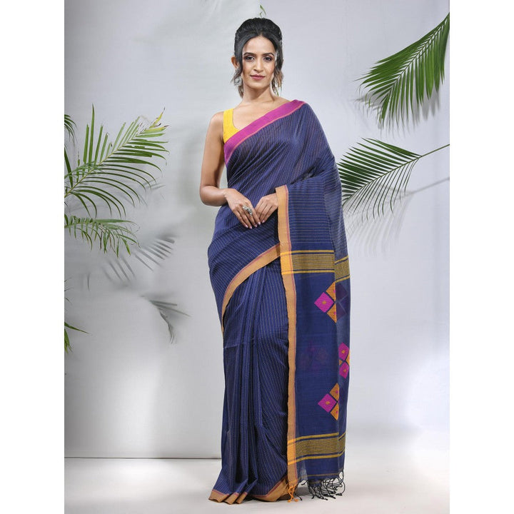 CHARUKRITI Blue Cotton Saree with Stripes Pattern with Unstitched Blouse