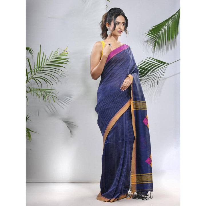 CHARUKRITI Blue Cotton Saree with Stripes Pattern with Unstitched Blouse