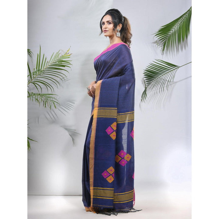 CHARUKRITI Blue Cotton Saree with Stripes Pattern with Unstitched Blouse