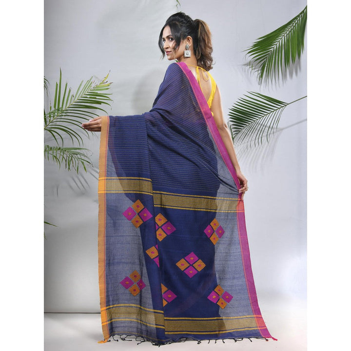 CHARUKRITI Blue Cotton Saree with Stripes Pattern with Unstitched Blouse