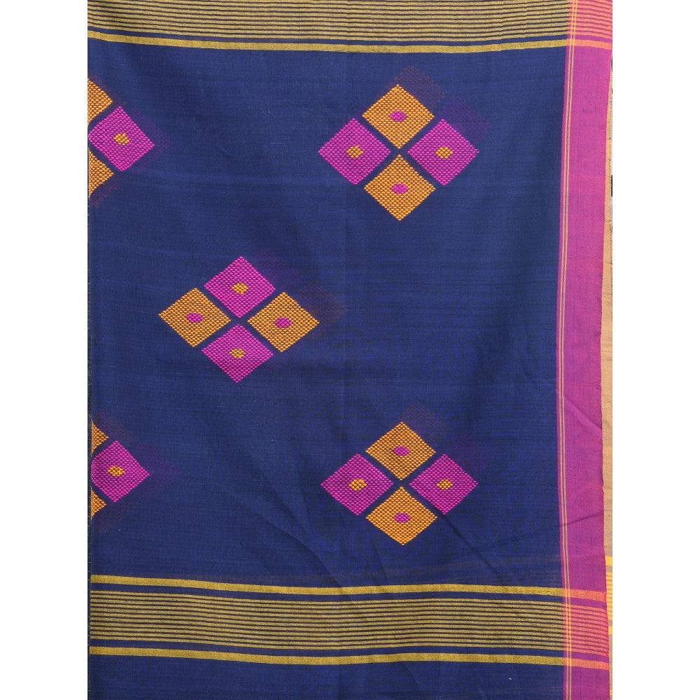 CHARUKRITI Blue Cotton Saree with Stripes Pattern with Unstitched Blouse