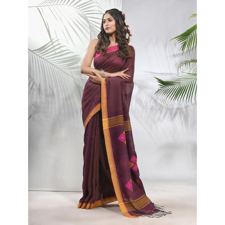 CHARUKRITI Brown Cotton Saree with Stripes Pattern with Unstitched Blouse