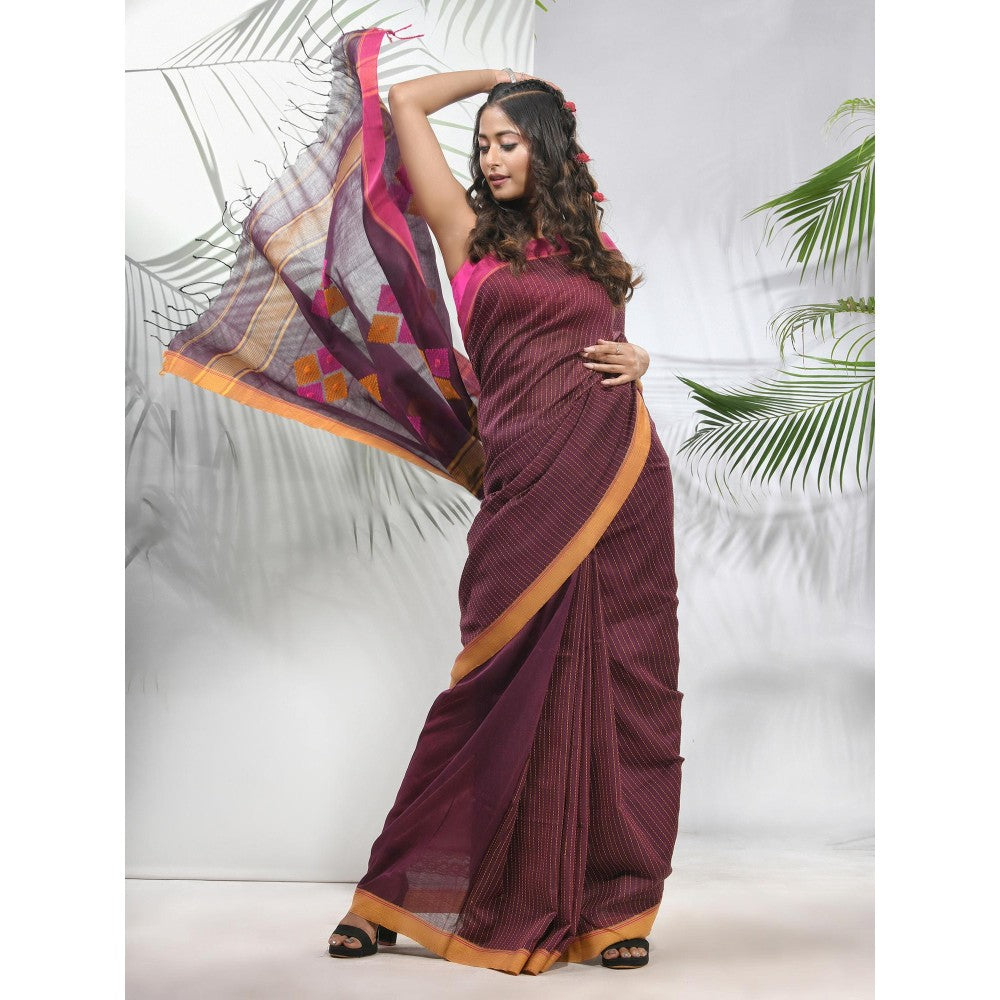 CHARUKRITI Brown Cotton Saree with Stripes Pattern with Unstitched Blouse