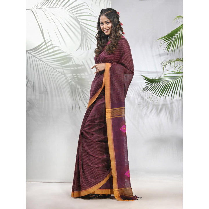 CHARUKRITI Brown Cotton Saree with Stripes Pattern with Unstitched Blouse