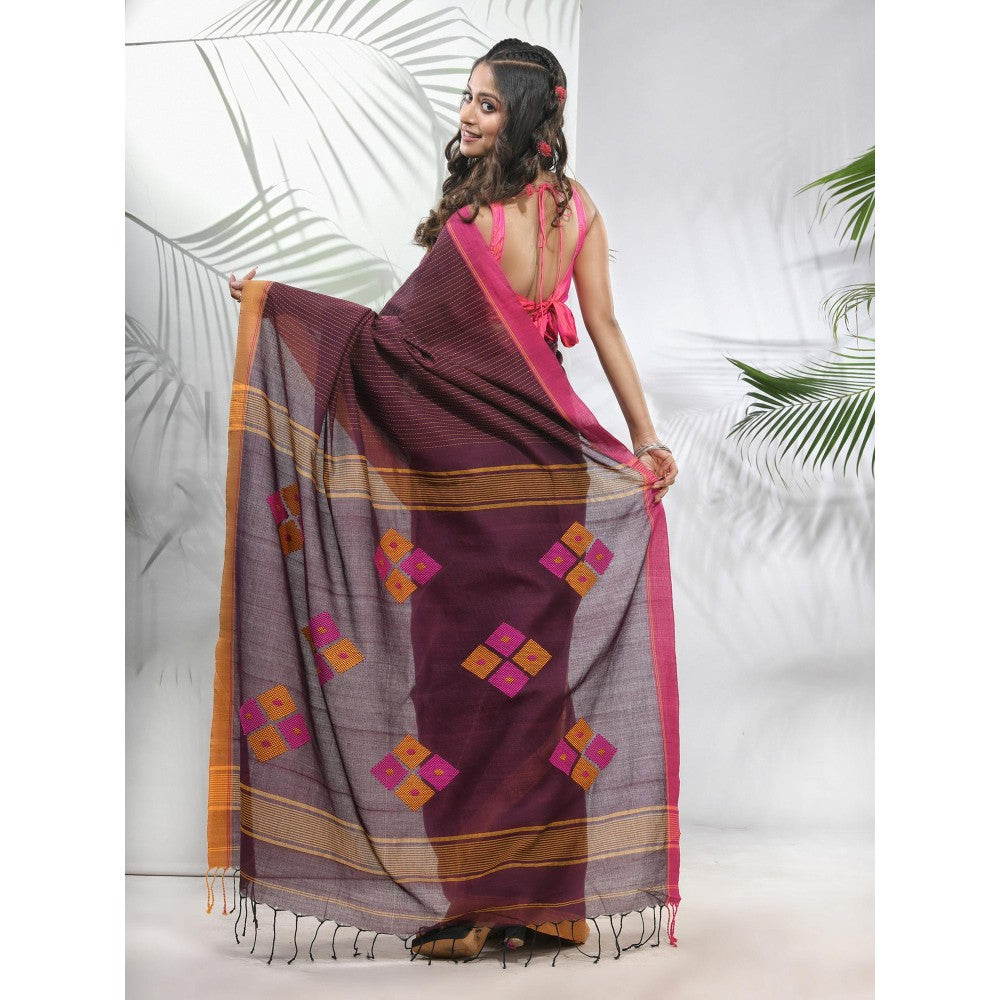 CHARUKRITI Brown Cotton Saree with Stripes Pattern with Unstitched Blouse