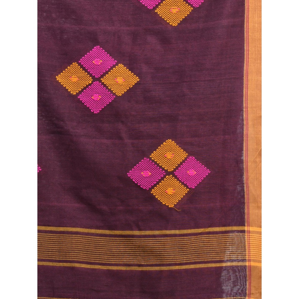 CHARUKRITI Brown Cotton Saree with Stripes Pattern with Unstitched Blouse