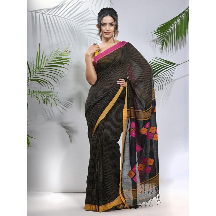 CHARUKRITI Black Cotton Saree with Stripes Pattern with Unstitched Blouse