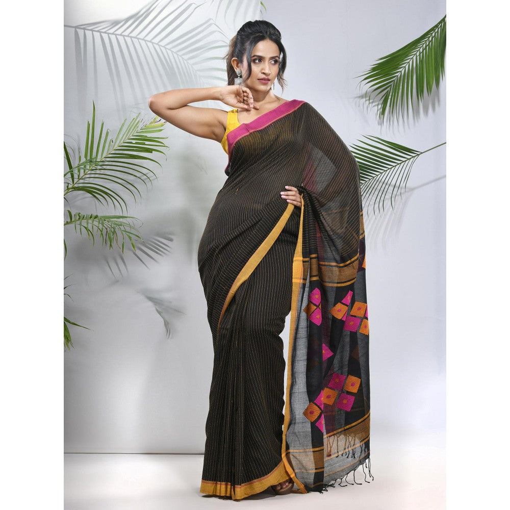 CHARUKRITI Black Cotton Saree with Stripes Pattern with Unstitched Blouse