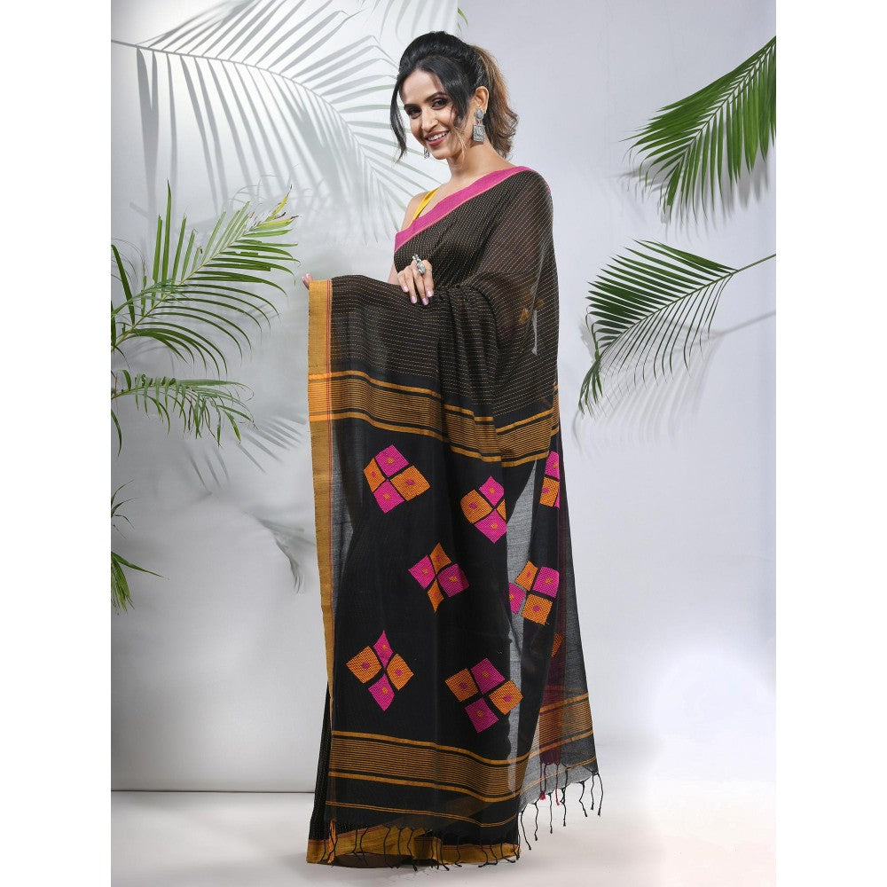 CHARUKRITI Black Cotton Saree with Stripes Pattern with Unstitched Blouse