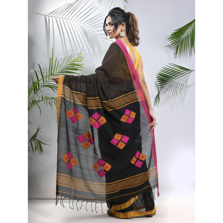 CHARUKRITI Black Cotton Saree with Stripes Pattern with Unstitched Blouse