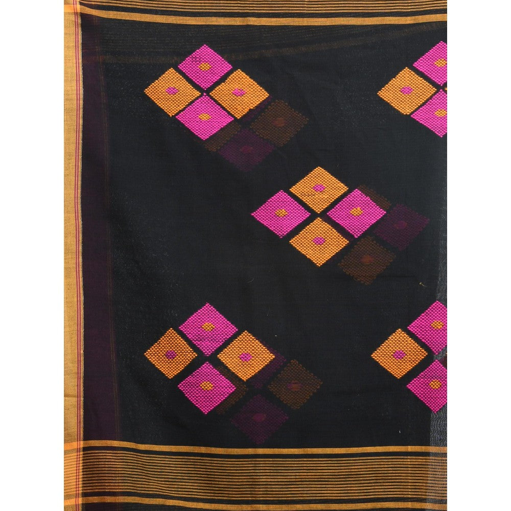 CHARUKRITI Black Cotton Saree with Stripes Pattern with Unstitched Blouse